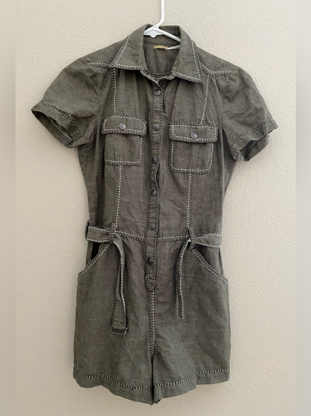 Maxstudio Girls Short-Sleeve Button-Front Romper in Olive Green